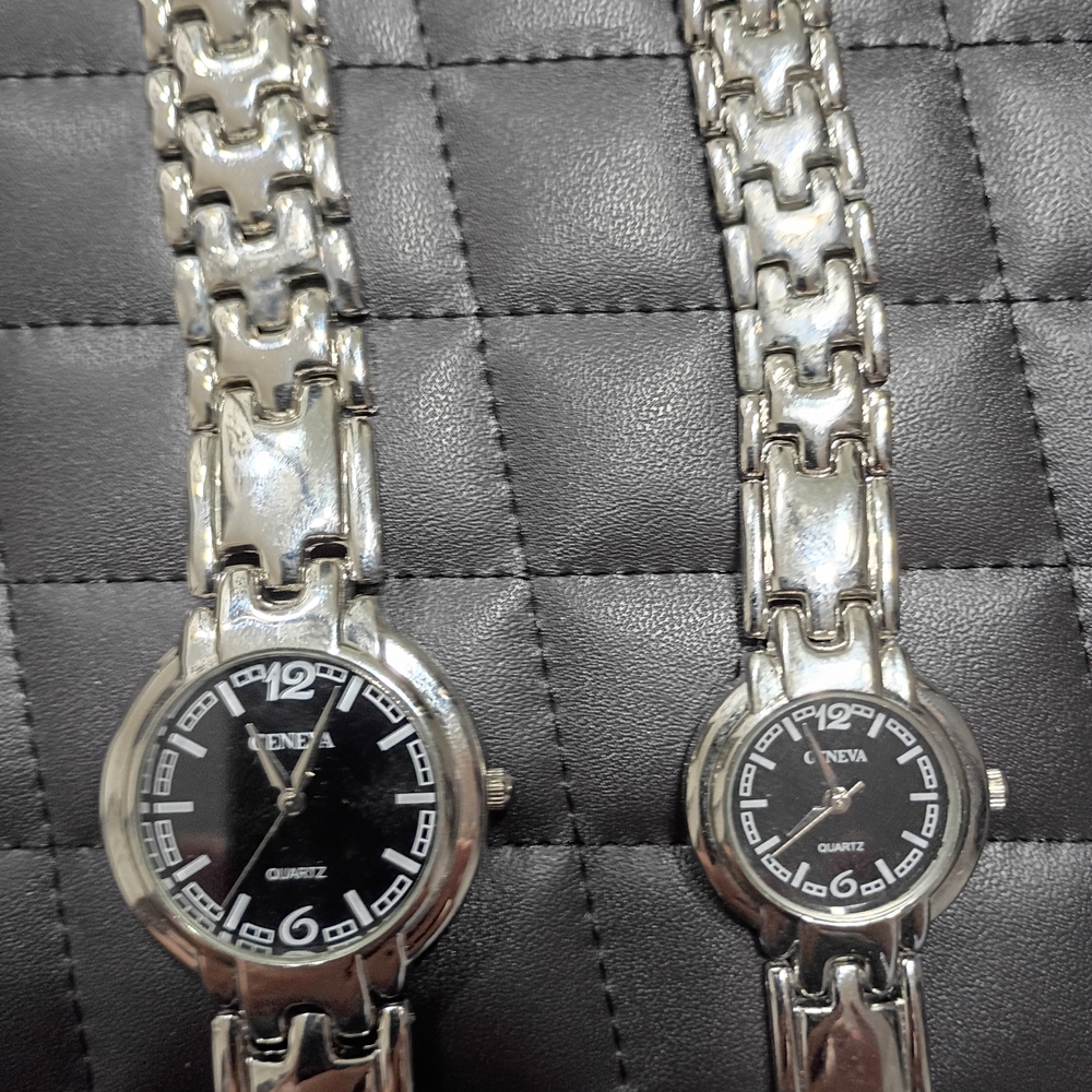 Geneva Silver and Black Watch His & Her Watches